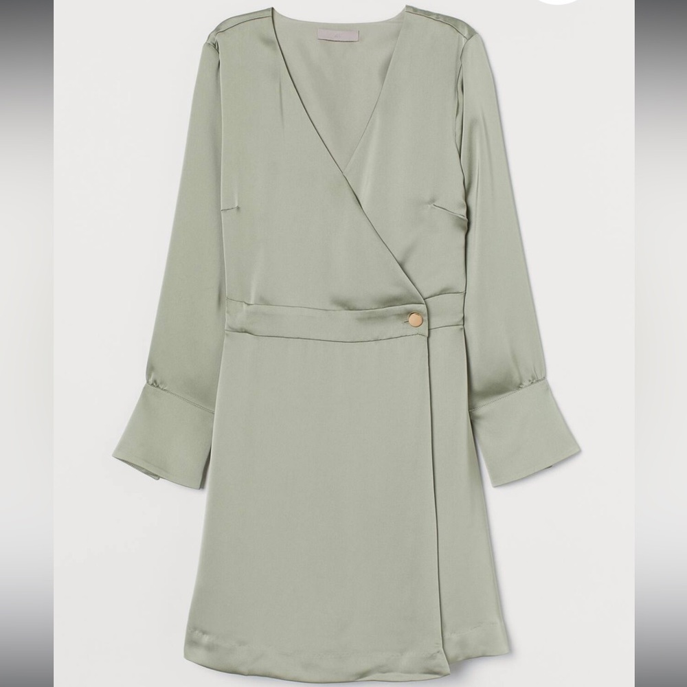 H&M Sage Green Satin Wrap Mini Dress Size M